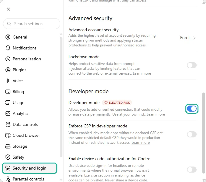 ChatGPT settings on Security and login, with the Developer mode switch turned on and marked.
