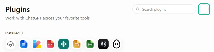 The ChatGPT Plugins page, with the + button beside Search plugins marked.