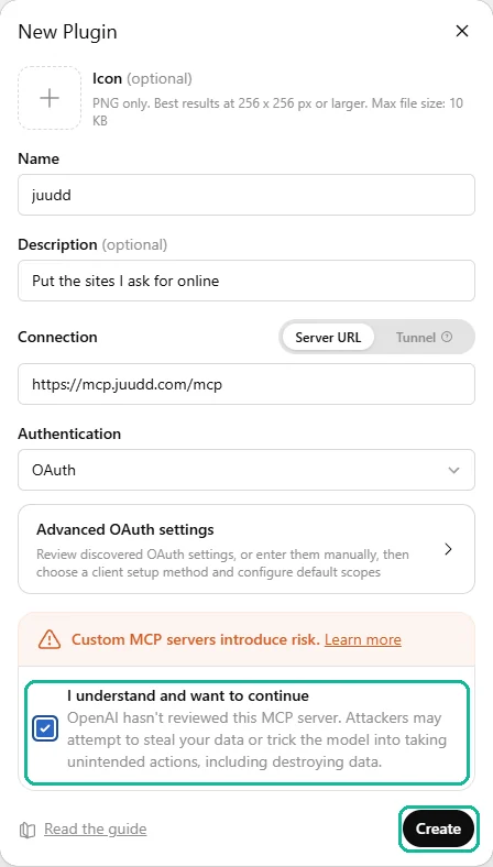 The New Plugin form with juudd as the name, https://mcp.juudd.com/mcp as the server URL, OAuth, the risk box ticked and Create marked.
