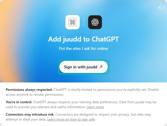 Add juudd to ChatGPT, with the Sign in with juudd button marked.