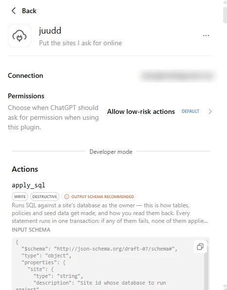 juudd’s plugin page after signing in: connected, Permissions on Allow low-risk actions, and the actions listed.