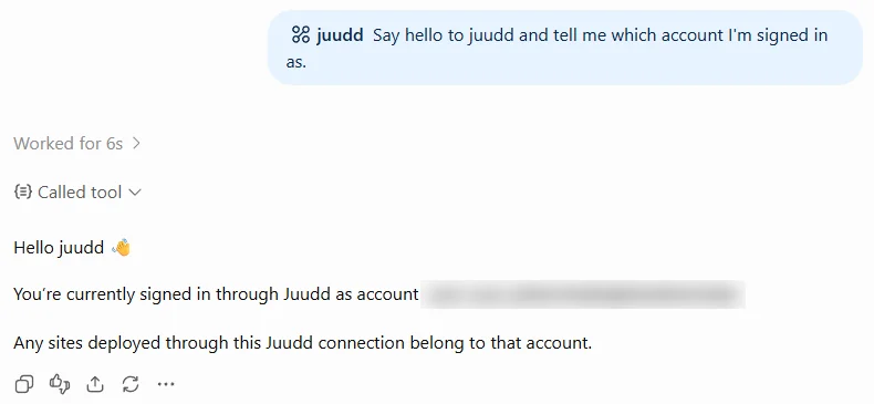 ChatGPT’s answer after calling juudd: hello, and the account it is signed in as, blurred here.