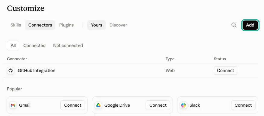 หน้า Customize ของ Claude แท็บ Connectors มีกรอบที่ปุ่ม Add มุมขวาบน