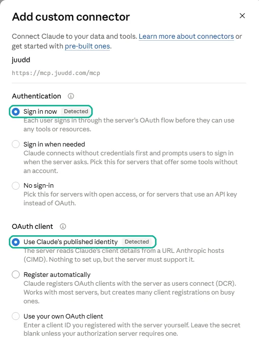 ฟอร์มขั้นที่สอง เลือก Sign in now และ Use Claude’s published identity ไว้ ทั้งคู่มีป้าย Detected