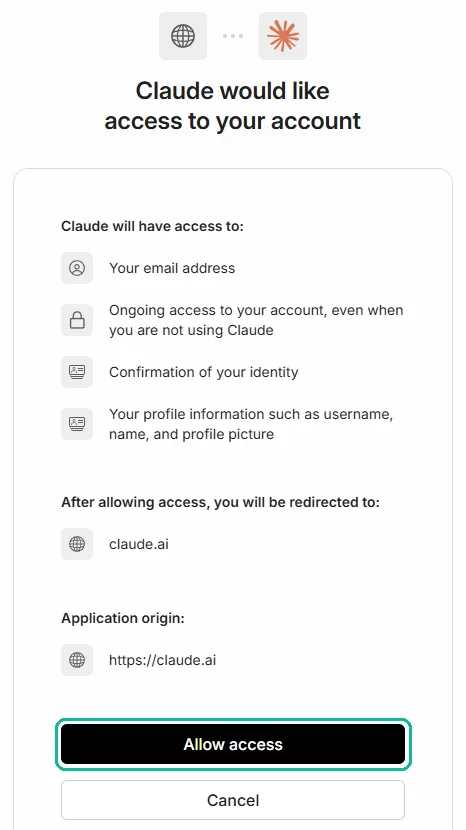 หน้าขอสิทธิ์ Claude would like access to your account มีกรอบที่ปุ่ม Allow access