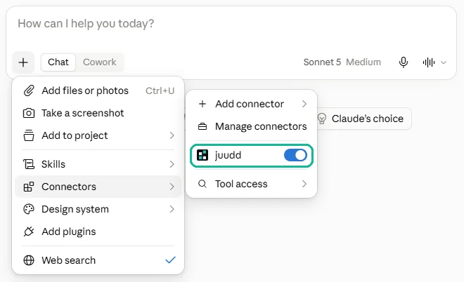 เมนู + ในแชตของ Claude เปิดที่ Connectors มีกรอบที่ juudd ซึ่งเปิดสวิตช์อยู่